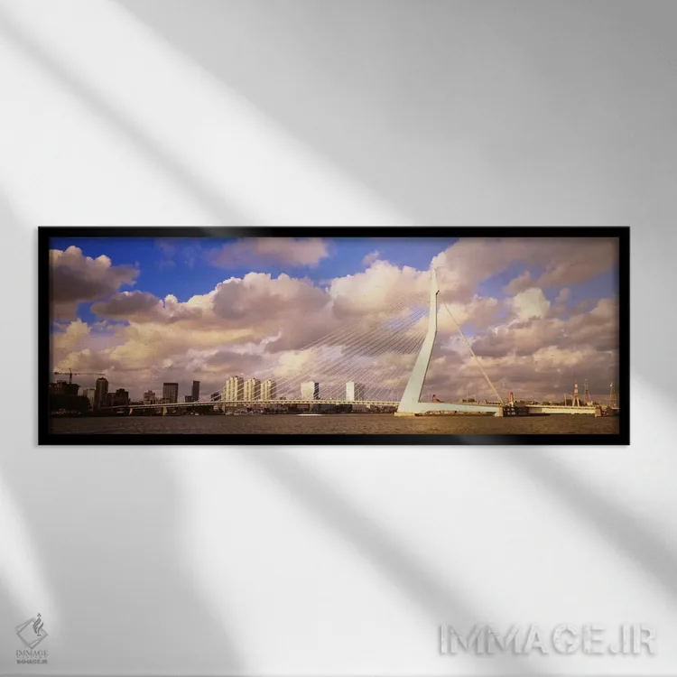 تابلو "روز ابری بر فراز پل اراسموس، روتردام، هلند جنوبی، هلند" اثر پانورامیک ایمجز (استودیو عکاسی عریض) - نمای قابدار مشکی