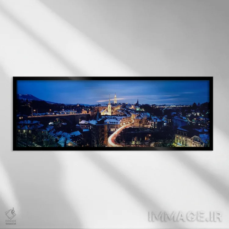 تابلو "برن در شب، سوئیس" اثر پانورامیک ایمجز (استودیو عکاسی عریض) - نمای قابدار مشکی