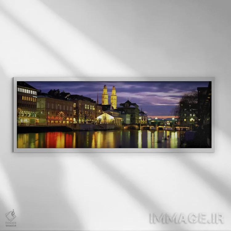 تابلو "رودخانه لیمات، زوریخ، سوئیس" اثر پانورامیک ایمجز (استودیو عکاسی عریض) - نمای قابدار سفید