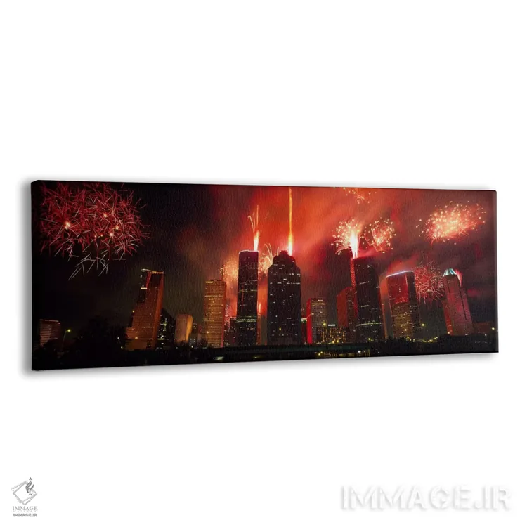 تابلو "آتشبازی بر فراز ساختمانها در یک شهر، هیوستون، تگزاس، ایالات متحده آمریکا #۲" اثر پانورامیک ایمجز (استودیو عکاسی عریض) - نمای پرسپکتیو محصول