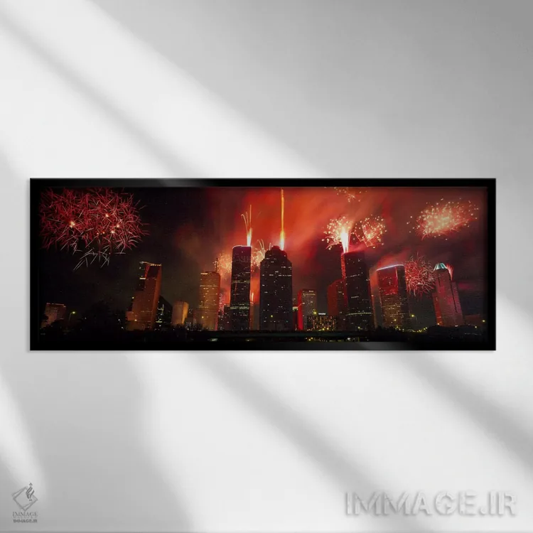 تابلو "آتشبازی بر فراز ساختمانها در یک شهر، هیوستون، تگزاس، ایالات متحده آمریکا #۲" اثر پانورامیک ایمجز (استودیو عکاسی عریض) - نمای قابدار مشکی