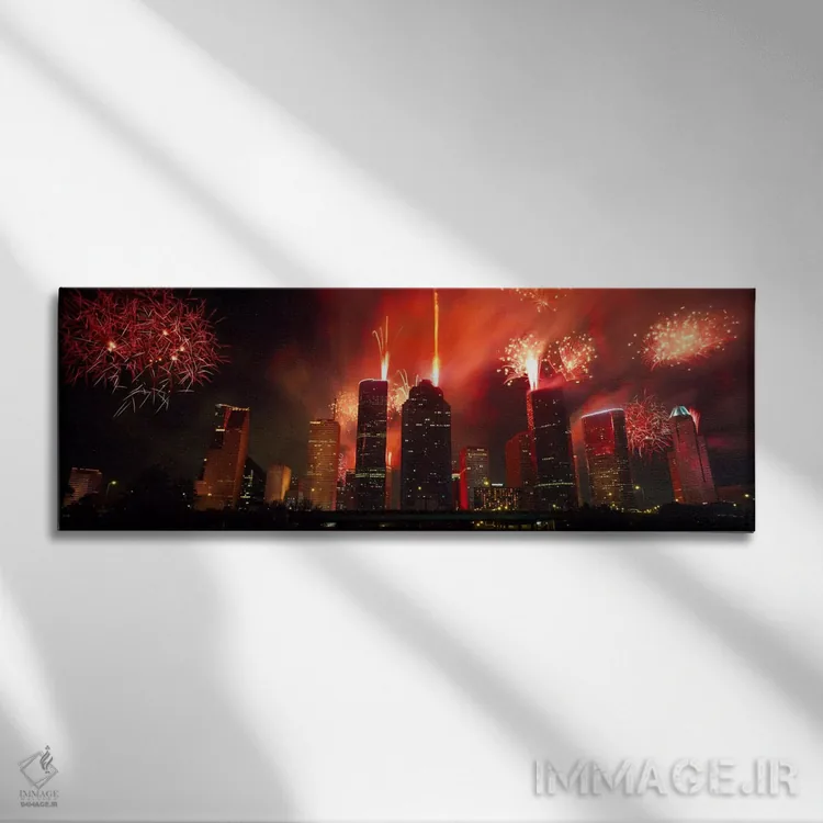 تابلو "آتشبازی بر فراز ساختمانها در یک شهر، هیوستون، تگزاس، ایالات متحده آمریکا #۲" اثر پانورامیک ایمجز (استودیو عکاسی عریض) - نمای روبهرو روی دیوار
