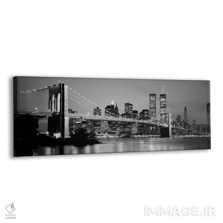 تابلو "پل بروکلین روشن شده با نمای افق منطقه مالی منهتن در پسزمینه به صورت سیاه و سفید، نیویورک سیتی، ایالات نیویورک" اثر پانورامیک ایمجز (استودیو عکاسی عریض) - نمای پرسپکتیو محصول