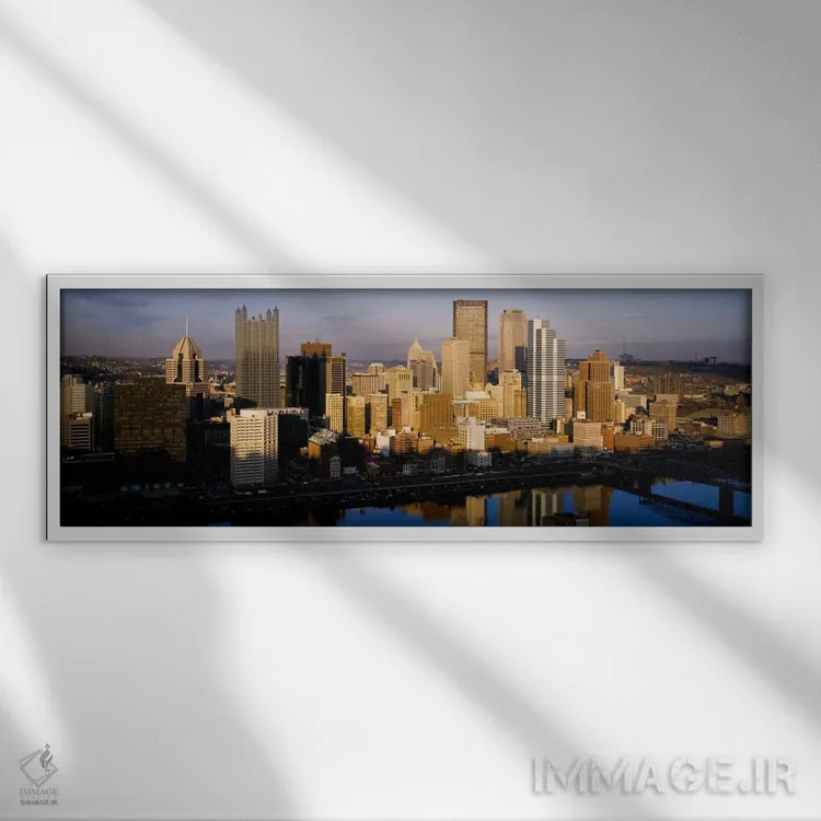 تابلو "بازتاب ساختمانها در رودخانه، رودخانه مونونگههلا، پیتسبورگ، ایالت پنسیلوانیا، ایالات متحده آمریکا" اثر پانورامیک ایمجز (استودیو عکاسی عریض) - نمای قابدار سفید