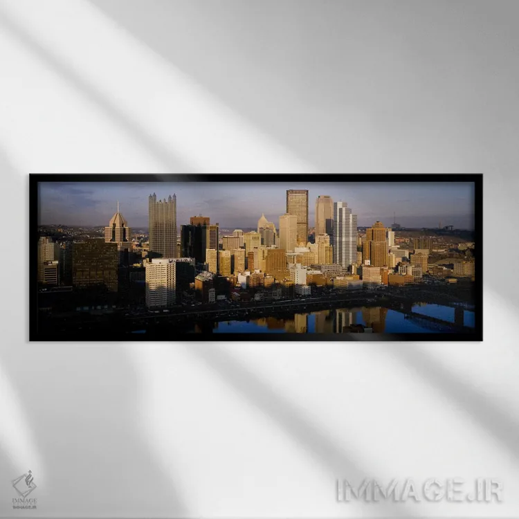 تابلو "بازتاب ساختمانها در رودخانه، رودخانه مونونگههلا، پیتسبورگ، ایالت پنسیلوانیا، ایالات متحده آمریکا" اثر پانورامیک ایمجز (استودیو عکاسی عریض) - نمای قابدار مشکی