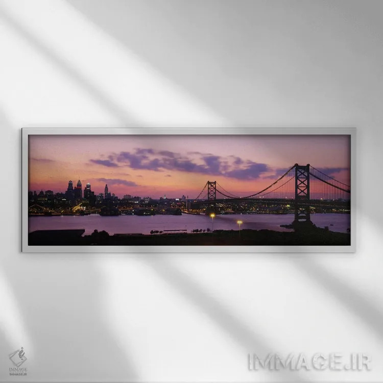 تابلو "پل عبوری از رودخانه، پل بن فرانکلین، فیلادلفیا، ایالت پنسیلوانیا، ایالات متحده آمریکا" اثر پانورامیک ایمجز (استودیو عکاسی عریض) - نمای قابدار سفید