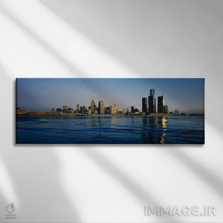 تابلو "ساختمانها در کنار ساحل، دیترویت، میشیگان، ایالات متحده آمریکا #۳" اثر پانورامیک ایمجز (استودیو عکاسی عریض) - نمای روبهرو روی دیوار
