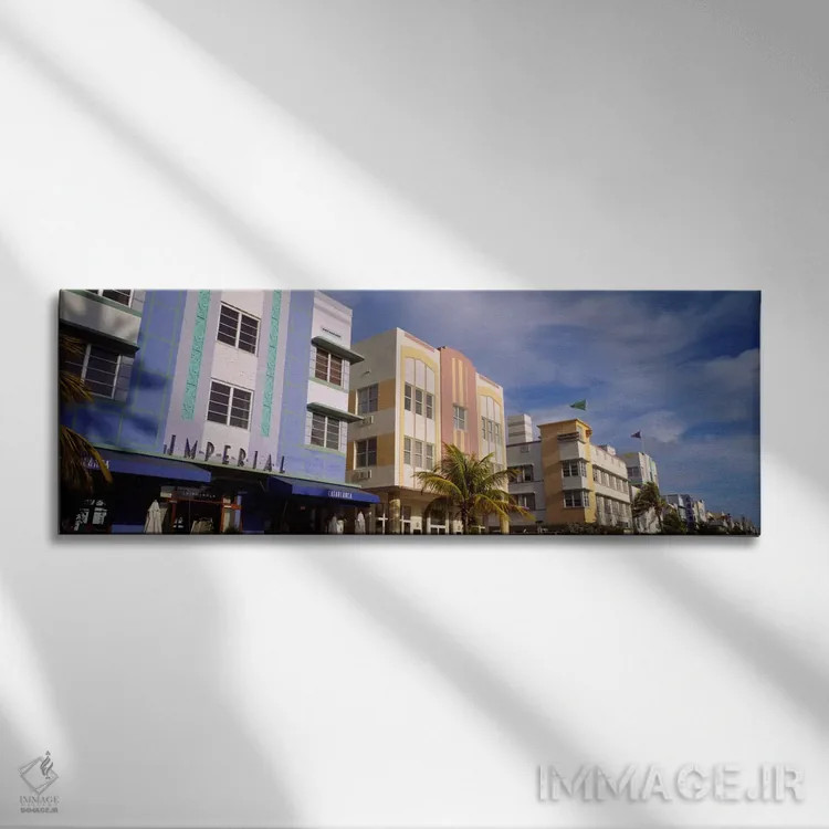 تابلو "نمای یک هتل، هتل آرت دکو، اوشن درایو، میامی بیچ، فلوریدا، ایالات متحده آمریکا #۲" اثر پانورامیک ایمجز (استودیو عکاسی عریض) - نمای روبهرو روی دیوار