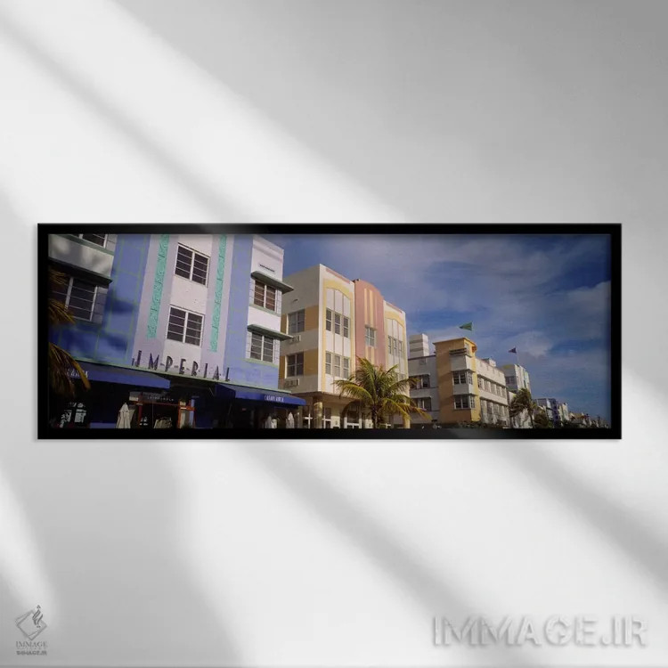 تابلو "نمای یک هتل، هتل آرت دکو، اوشن درایو، میامی بیچ، فلوریدا، ایالات متحده آمریکا #۲" اثر پانورامیک ایمجز (استودیو عکاسی عریض) - نمای قابدار مشکی