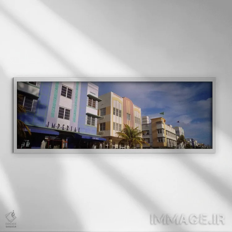 تابلو "نمای یک هتل، هتل آرت دکو، اوشن درایو، میامی بیچ، فلوریدا، ایالات متحده آمریکا #۲" اثر پانورامیک ایمجز (استودیو عکاسی عریض) - نمای قابدار سفید