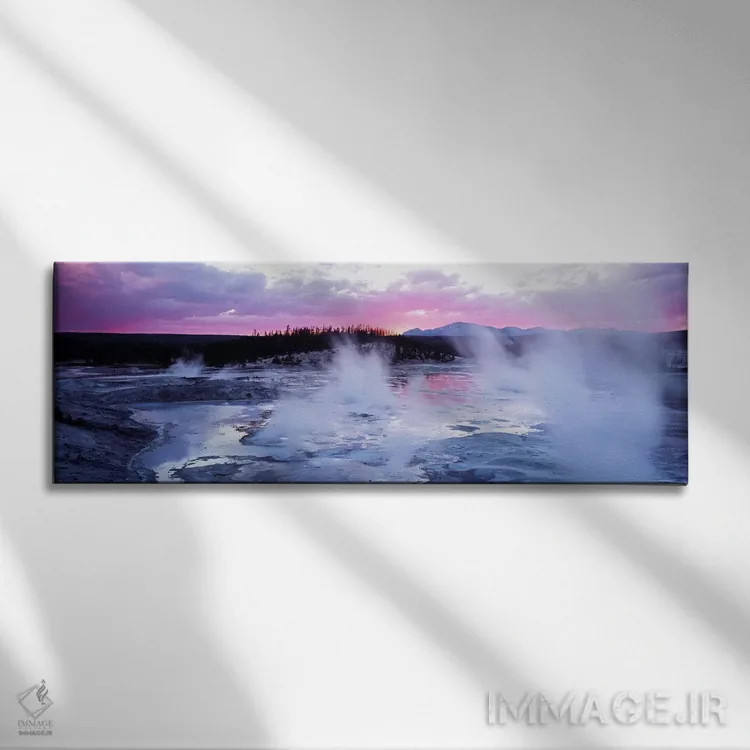 تابلو Norris Geyser Basin, Yellowstone Caldera, Yellowstone National Park, Wyoming, USA,غروب ارغوانی، حوضچه آبگرم نوریس، کالدرا یلواستون، پارک ملی یلواستون، وایومینگ، آمریکا اثر پانورامیک ایمجز (استودیو عکاسی عریض) - نمای روبهرو روی دیوار