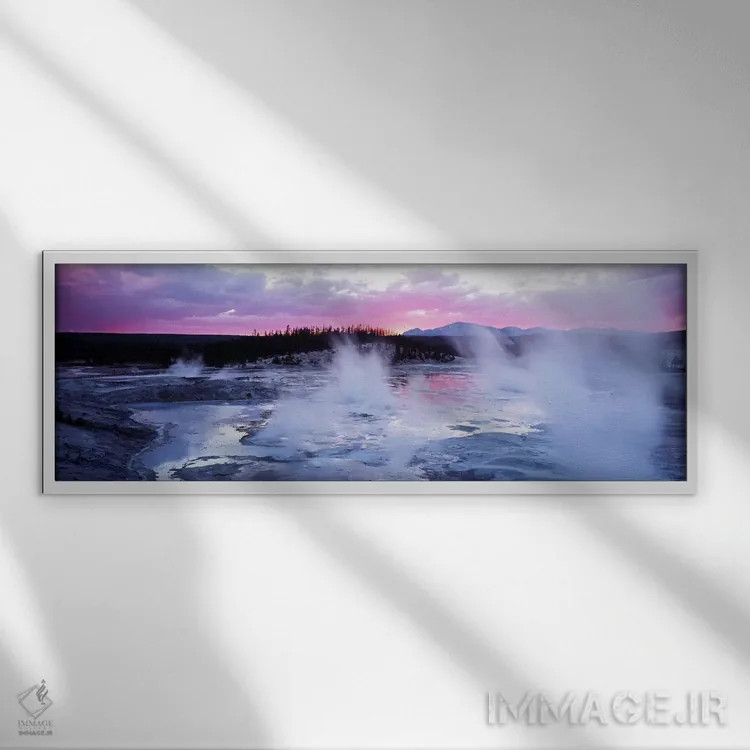 تابلو Norris Geyser Basin, Yellowstone Caldera, Yellowstone National Park, Wyoming, USA,غروب ارغوانی، حوضچه آبگرم نوریس، کالدرا یلواستون، پارک ملی یلواستون، وایومینگ، آمریکا اثر پانورامیک ایمجز (استودیو عکاسی عریض) - نمای قابدار سفید