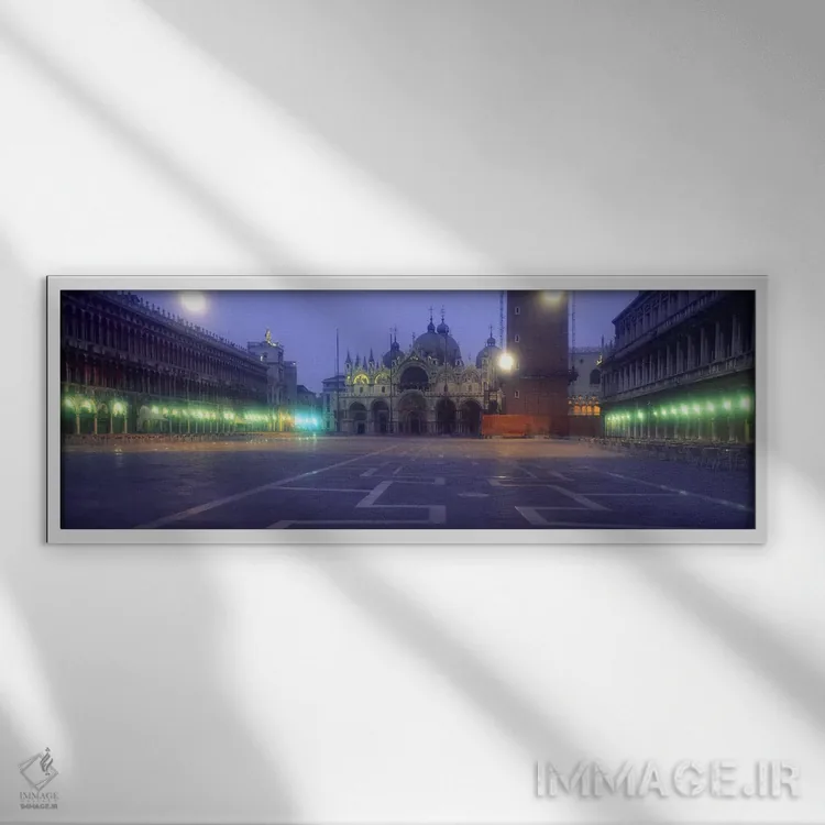 تابلو St. Mark's Square, Venice, Veneto, Italy,چراغهای خیابان روشنشده در مقابل کلیسا در طلوع آفتاب، کلیسای سنت مارک، میدان سنت مارک، ونیز، ونتو، ایتالیا اثر پانورامیک ایمجز (استودیو عکاسی عریض) - نمای قابدار سفید