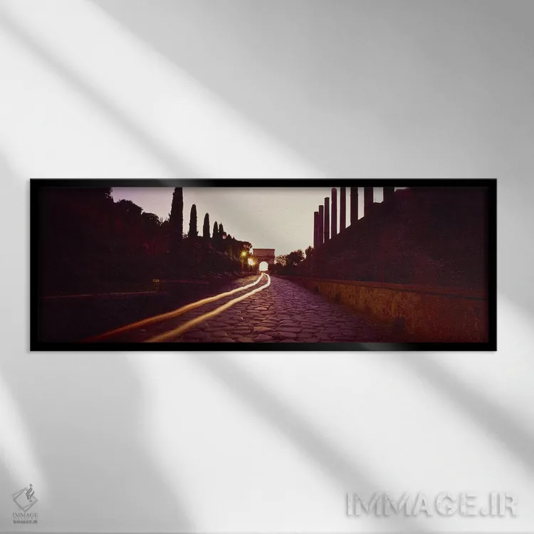 تابلو Rome, Lazio, Italy,ویرانههای کنار جاده در سحرگاه، فروم رومی، رم، لاتزیو، ایتالیا اثر پانورامیک ایمجز (استودیو عکاسی عریض) - نمای قابدار مشکی