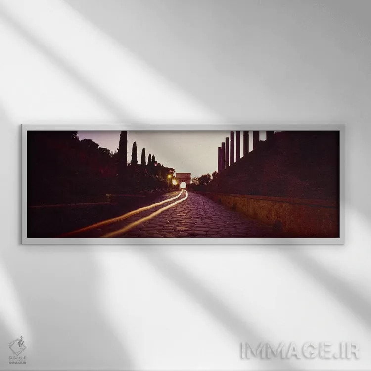 تابلو Rome, Lazio, Italy,ویرانههای کنار جاده در سحرگاه، فروم رومی، رم، لاتزیو، ایتالیا اثر پانورامیک ایمجز (استودیو عکاسی عریض) - نمای قابدار سفید