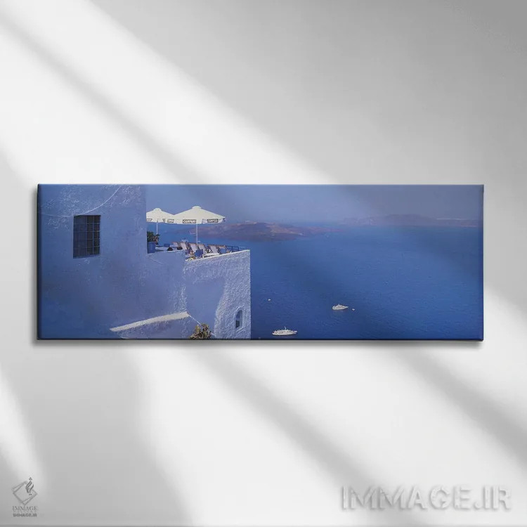 تابلو Santorini, Greece,سالن استراحت روی پشتبام با چشمانداز دریای اژه، سانتورینی، یونان اثر پانورامیک ایمجز (استودیو عکاسی عریض) - نمای روبهرو روی دیوار
