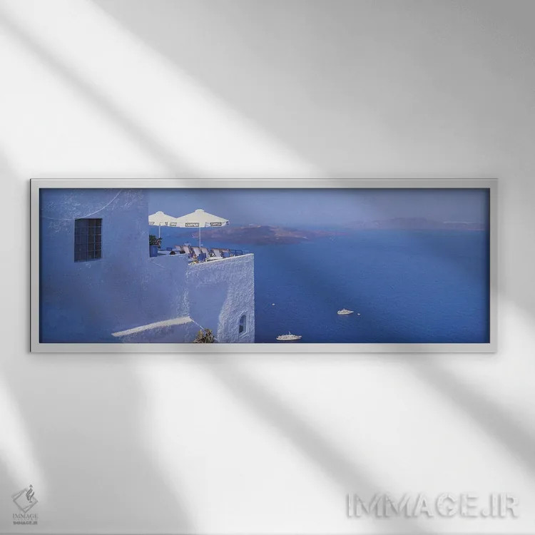 تابلو Santorini, Greece,سالن استراحت روی پشتبام با چشمانداز دریای اژه، سانتورینی، یونان اثر پانورامیک ایمجز (استودیو عکاسی عریض) - نمای قابدار سفید