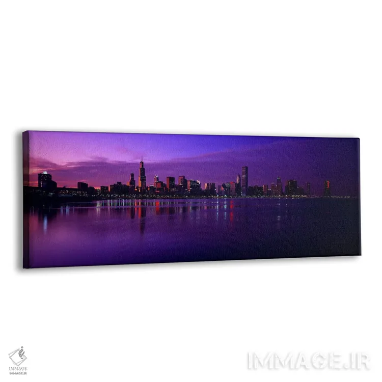 تابلو lit up at duskSears Tower, Hancock Building, Lake Michigan, Chicago, Cook County, Illinois, USA,ساختمانها در کنار ساحل، روشنشده هنگام غروب، برج سیرز، ساختمان هندکوک، دریاچه میشیگان، شیکاگو، کوک کانتی، ایلینوی، آمریکا اثر پانورامیک ایمجز (استو