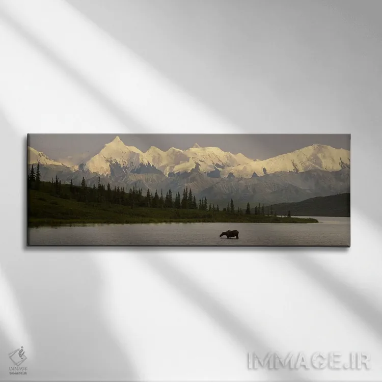 تابلو Denali National Park, Alaska, USA,گوزن شمالی ایستاده بر روی دریاچه یخزده، دریاچه واندر، پارک ملی دنالی، آلاسکا، آمریکا اثر پانورامیک ایمجز (استودیو عکاسی عریض) - نمای روبهرو روی دیوار