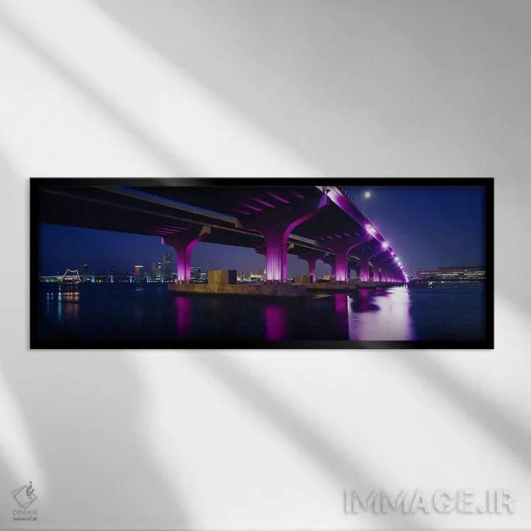 تابلو Biscayne Bay, Miami, Florida, USA,پل روشنشده روی خلیج، گذرگاه مکآرتور، بیسکین بی، میامی، فلوریدا، آمریکا اثر پانورامیک ایمجز (استودیو عکاسی عریض) - نمای قابدار مشکی