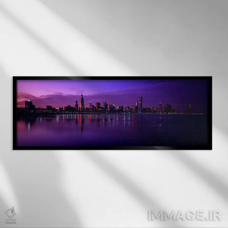 تابلو lit up at duskSears Tower, Hancock Building, Lake Michigan, Chicago, Cook County, Illinois, USA,ساختمانها در کنار ساحل، روشنشده هنگام غروب، برج سیرز، ساختمان هندکوک، دریاچه میشیگان، شیکاگو، کوک کانتی، ایلینوی، آمریکا اثر پانورامیک ایمجز (استو