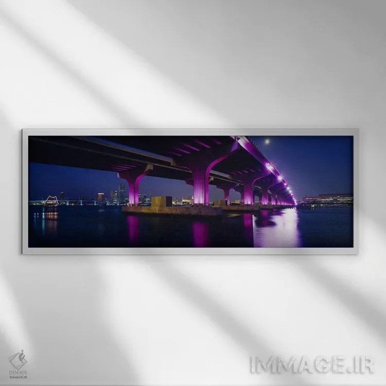 تابلو Biscayne Bay, Miami, Florida, USA,پل روشنشده روی خلیج، گذرگاه مکآرتور، بیسکین بی، میامی، فلوریدا، آمریکا اثر پانورامیک ایمجز (استودیو عکاسی عریض) - نمای قابدار سفید