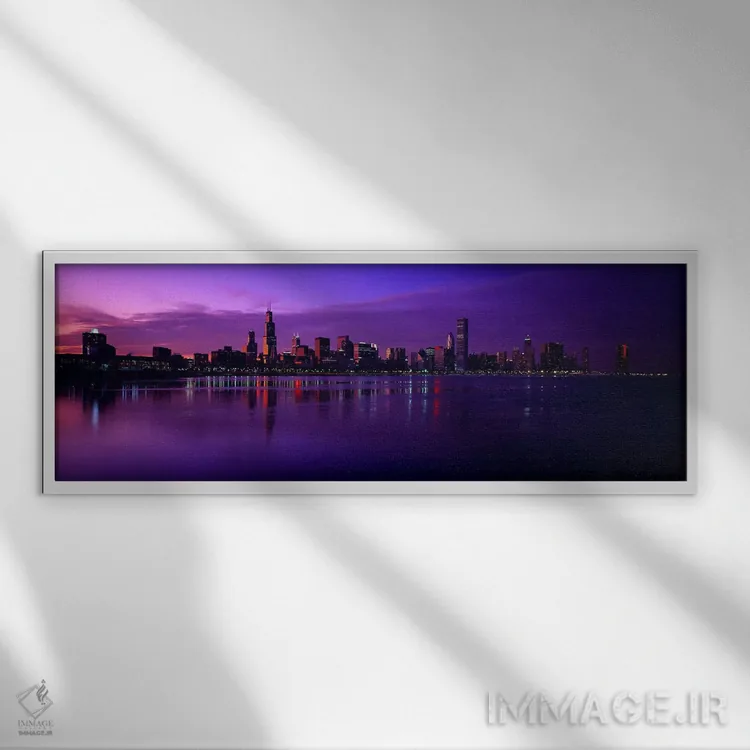 تابلو lit up at duskSears Tower, Hancock Building, Lake Michigan, Chicago, Cook County, Illinois, USA,ساختمانها در کنار ساحل، روشنشده هنگام غروب، برج سیرز، ساختمان هندکوک، دریاچه میشیگان، شیکاگو، کوک کانتی، ایلینوی، آمریکا اثر پانورامیک ایمجز (استو