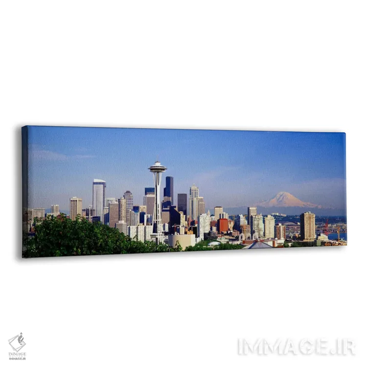 تابلو Seattle, King County, Washington, USA,منظرهٔ افق مرکز شهر با کوه رینیه در دوردست، سیاتل، شهرستان کینگ، واشینگتن، آمریکا اثر پانورامیک ایمجز (استودیو عکاسی عریض) - نمای پرسپکتیو محصول