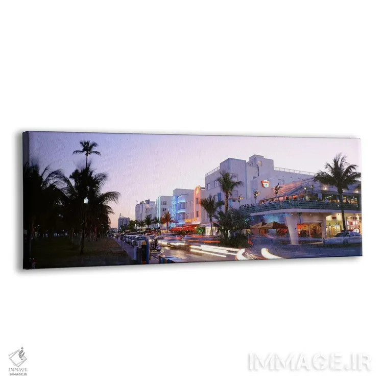تابلو Ocean Drive, Miami, Florida, USA,ساختمانهای روشنشده در غروب، اوشن درایو، میامی، فلوریدا، آمریکا اثر پانورامیک ایمجز (استودیو عکاسی عریض) - نمای پرسپکتیو محصول