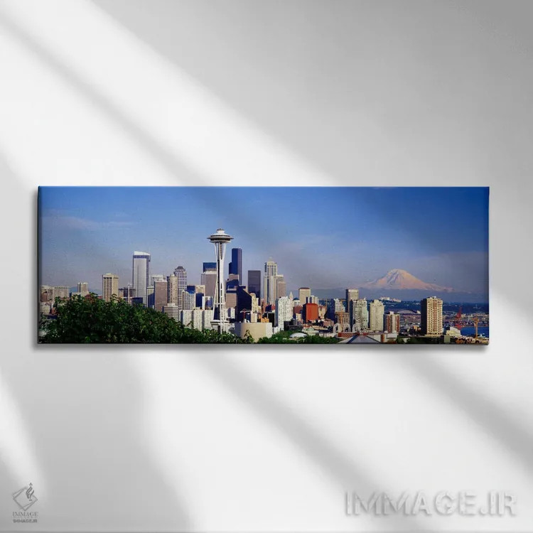 تابلو Seattle, King County, Washington, USA,منظرهٔ افق مرکز شهر با کوه رینیه در دوردست، سیاتل، شهرستان کینگ، واشینگتن، آمریکا اثر پانورامیک ایمجز (استودیو عکاسی عریض) - نمای روبهرو روی دیوار