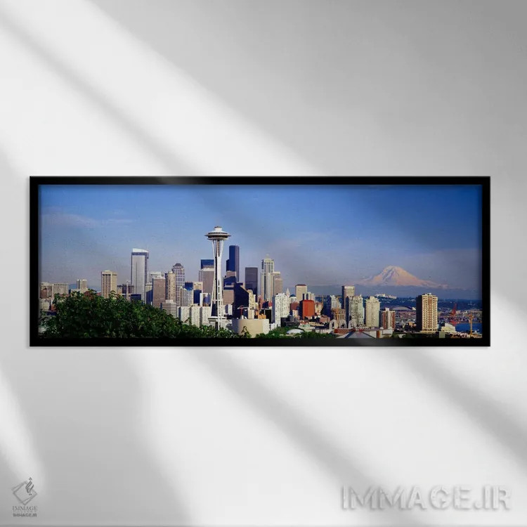 تابلو Seattle, King County, Washington, USA,منظرهٔ افق مرکز شهر با کوه رینیه در دوردست، سیاتل، شهرستان کینگ، واشینگتن، آمریکا اثر پانورامیک ایمجز (استودیو عکاسی عریض) - نمای قابدار مشکی