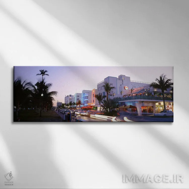 تابلو Ocean Drive, Miami, Florida, USA,ساختمانهای روشنشده در غروب، اوشن درایو، میامی، فلوریدا، آمریکا اثر پانورامیک ایمجز (استودیو عکاسی عریض) - نمای روبهرو روی دیوار