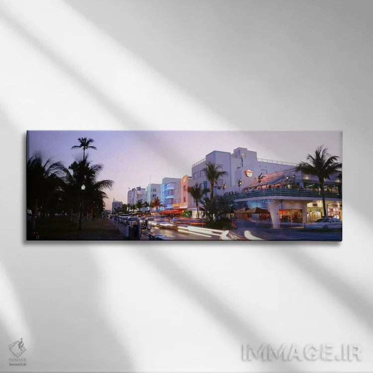 تابلو Ocean Drive, Miami, Florida, USA,ساختمانهای روشنشده در غروب، اوشن درایو، میامی، فلوریدا، آمریکا اثر پانورامیک ایمجز (استودیو عکاسی عریض) - نمای روبهرو روی دیوار