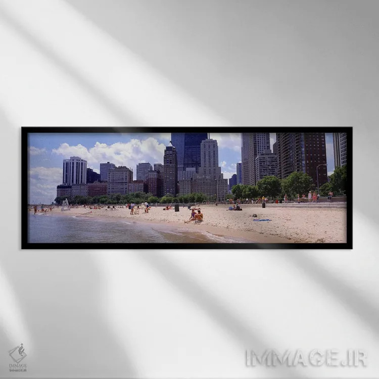 تابلو Chicago, Illinois, USA,گروهی از افراد در ساحل، ساحل اوک استریت، شیکاگو، ایلینوی، آمریکا اثر پانورامیک ایمجز (استودیو عکاسی عریض) - نمای قابدار مشکی