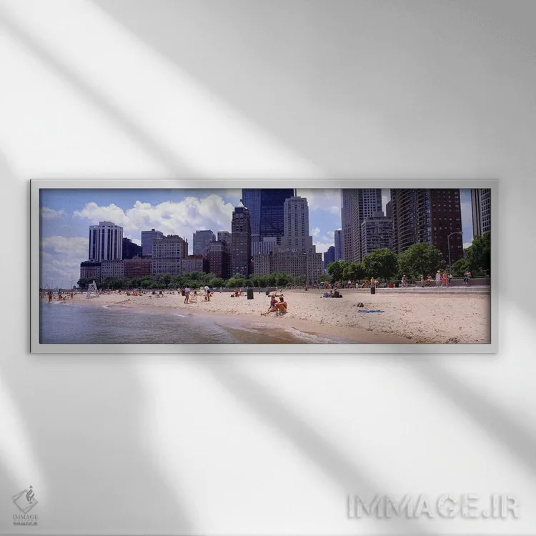 تابلو Chicago, Illinois, USA,گروهی از افراد در ساحل، ساحل اوک استریت، شیکاگو، ایلینوی، آمریکا اثر پانورامیک ایمجز (استودیو عکاسی عریض) - نمای قابدار سفید