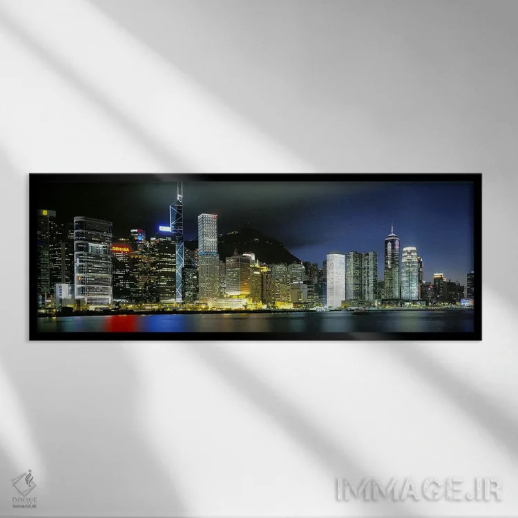 تابلو Central District, Hong Kong,منظرهٔ افق شبانه، منطقه مرکزی، هنگکنگ اثر پانورامیک ایمجز (استودیو عکاسی عریض) - نمای قابدار مشکی