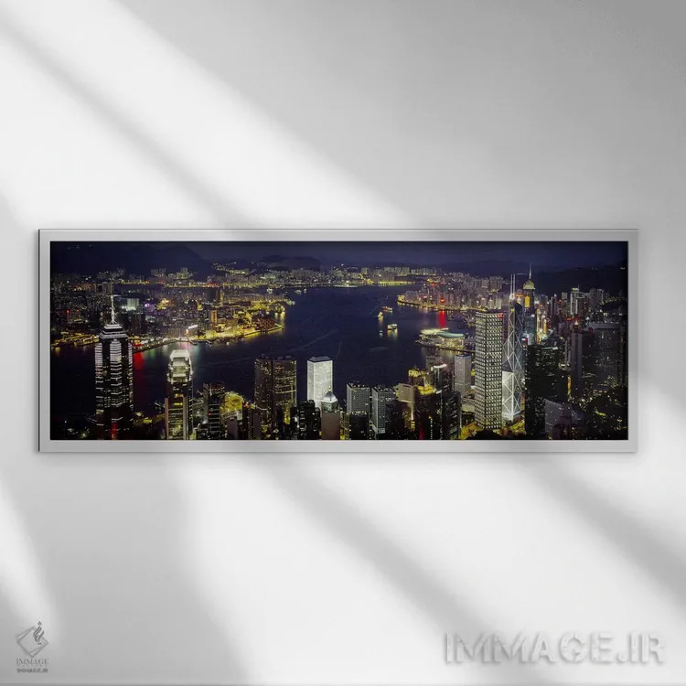 تابلو Hong Kong,بندر ویکتوریا و مناطق اطراف در شب، هنگکنگ اثر پانورامیک ایمجز (استودیو عکاسی عریض) - نمای قابدار سفید