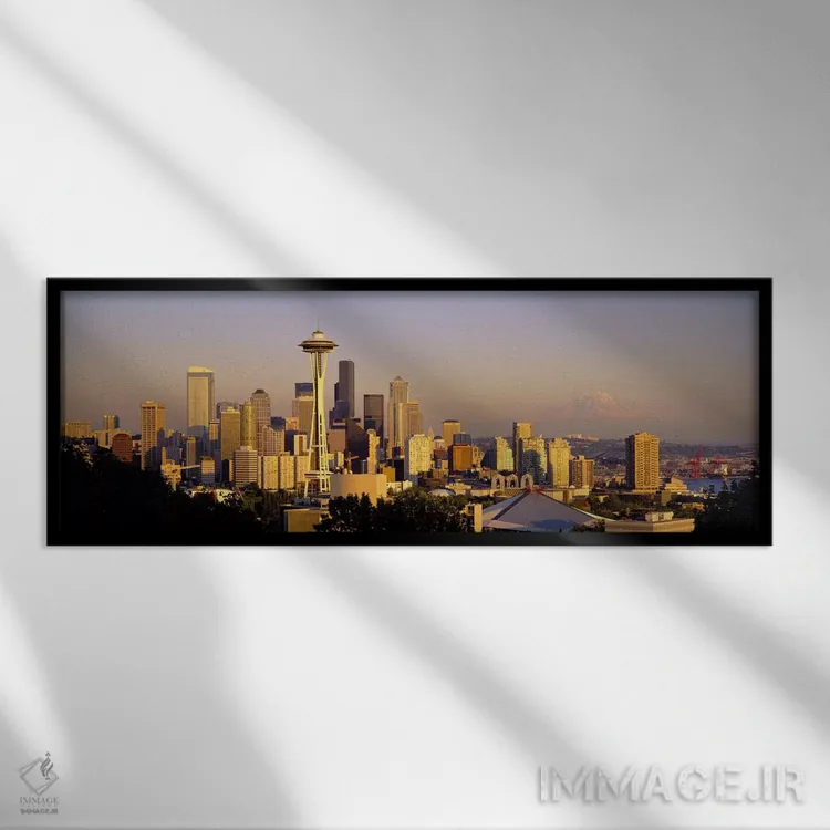 تابلو Washington State, USA,نمای زاویه بالا از ساختمانها در شهر، سیاتل، ایالت واشینگتن، آمریکا اثر پانورامیک ایمجز (استودیو عکاسی عریض) - نمای قابدار مشکی