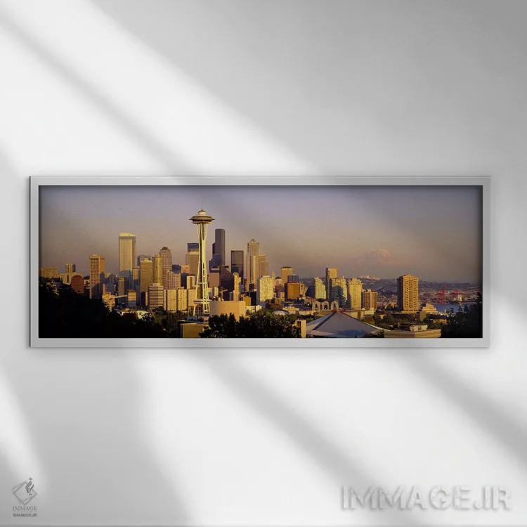 تابلو Washington State, USA,نمای زاویه بالا از ساختمانها در شهر، سیاتل، ایالت واشینگتن، آمریکا اثر پانورامیک ایمجز (استودیو عکاسی عریض) - نمای قابدار سفید