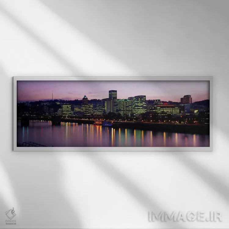 تابلو Portland, Oregon, USA,ساختمانهای روشنشده در شب، پورتلند، اورگان، آمریکا اثر پانورامیک ایمجز (استودیو عکاسی عریض) - نمای قابدار سفید