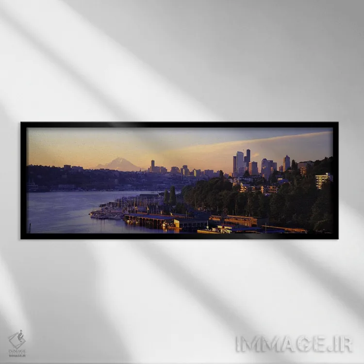 تابلو Lake Union, Seattle, Washington State, USA,طلوع آفتاب، دریاچه یونیون، سیاتل، ایالت واشینگتن، آمریکا اثر پانورامیک ایمجز (استودیو عکاسی عریض) - نمای قابدار مشکی