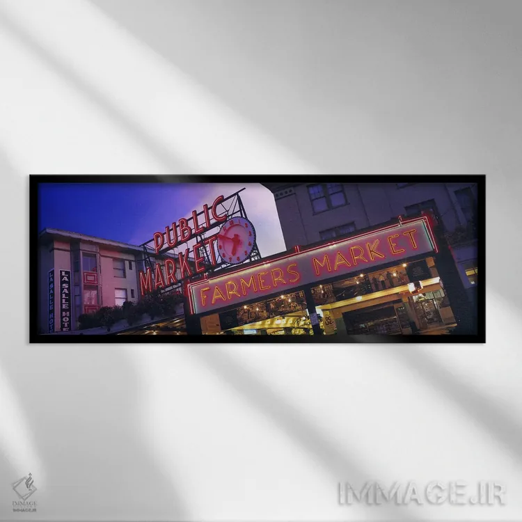 تابلو بازار عمومی سیاتل، واشینگتن، آمریکا اثر پانورامیک ایمجز (استودیو عکاسی عریض) - نمای قابدار مشکی