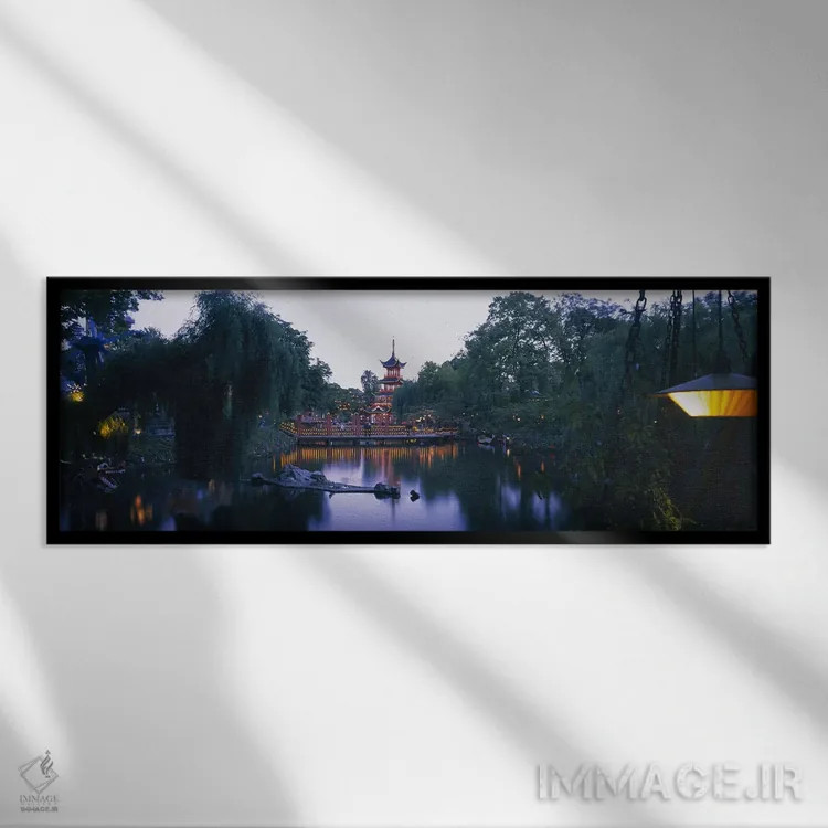 تابلو Tivoli Gardens, Copenhagen, Denmark,پاگودا روشنشده در غروب، باغ تیوولی، کپنهاگ، دانمارک اثر پانورامیک ایمجز (استودیو عکاسی عریض) - نمای قابدار مشکی