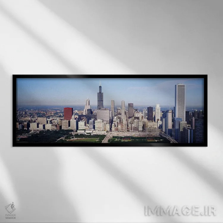 تابلو Chicago, Illinois, USA,نمای هوایی از ساختمانها در شهر، شیکاگو، ایلینوی، آمریکا اثر پانورامیک ایمجز (استودیو عکاسی عریض) - نمای قابدار مشکی