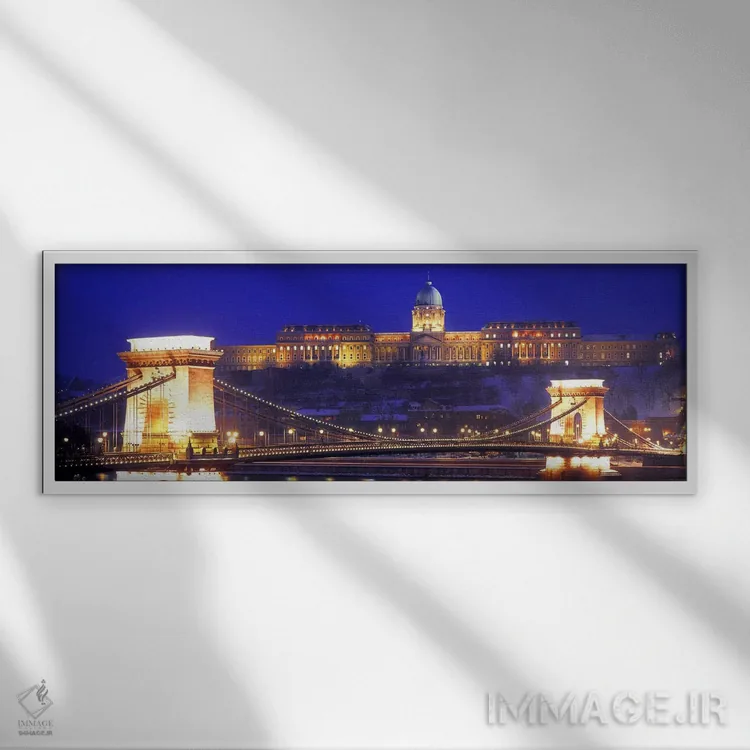 تابلو Budapest, Hungary,قلعه بودا (کاخ سلطنتی) با پل زنجیرهای سچنی در پیشزمینه، بوداپست، مجارستان اثر پانورامیک ایمجز (استودیو عکاسی عریض) - نمای قابدار سفید