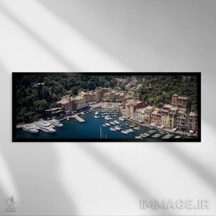 تابلو Portofino, Genoa, Italian Riviera, Italy,نمای هوایی بندر، پورتوفینو، جنوا، ریویرا ایتالیا، ایتالیا اثر پانورامیک ایمجز (استودیو عکاسی عریض) - نمای قابدار مشکی