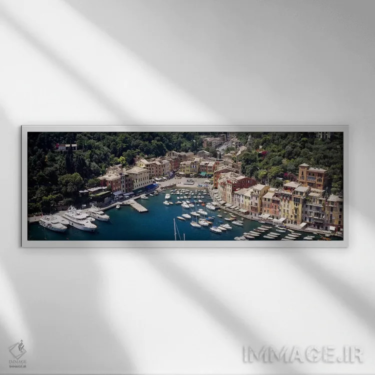 تابلو Portofino, Genoa, Italian Riviera, Italy,نمای هوایی بندر، پورتوفینو، جنوا، ریویرا ایتالیا، ایتالیا اثر پانورامیک ایمجز (استودیو عکاسی عریض) - نمای قابدار سفید