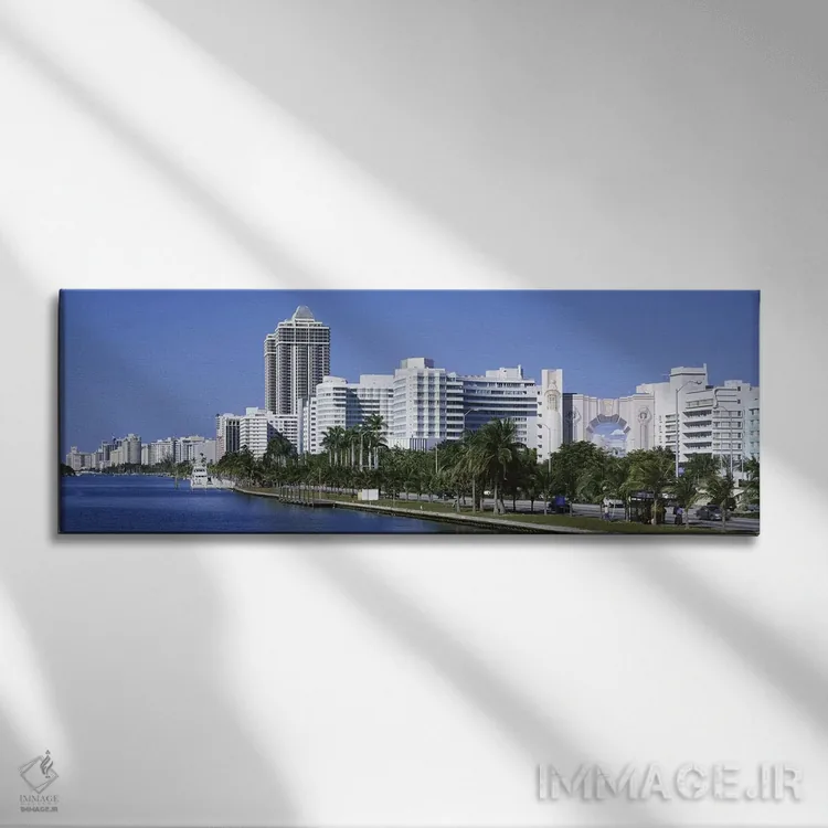 تابلو Miami, Miami Beach, Panoramic view of waterfront, & skyline,ایالات متحده آمریکا، فلوریدا، میامی، ساحل میامی، نمای پانوراما از ساحل و افق شهری اثر پانورامیک ایمجز (استودیو عکاسی عریض) - نمای روبهرو روی دیوار
