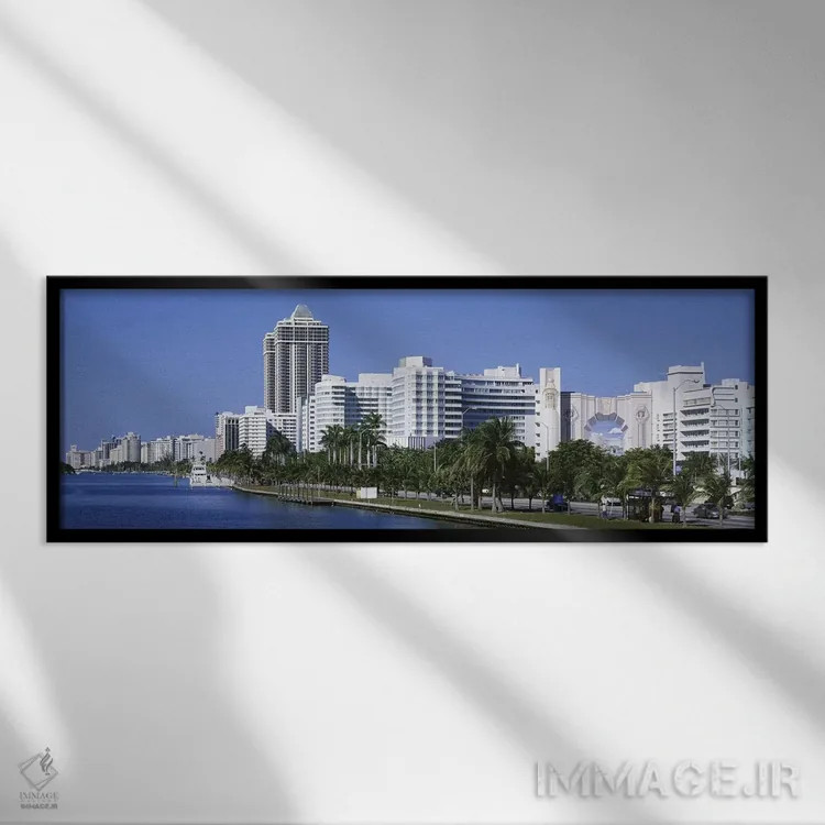 تابلو Miami, Miami Beach, Panoramic view of waterfront, & skyline,ایالات متحده آمریکا، فلوریدا، میامی، ساحل میامی، نمای پانوراما از ساحل و افق شهری اثر پانورامیک ایمجز (استودیو عکاسی عریض) - نمای قابدار مشکی