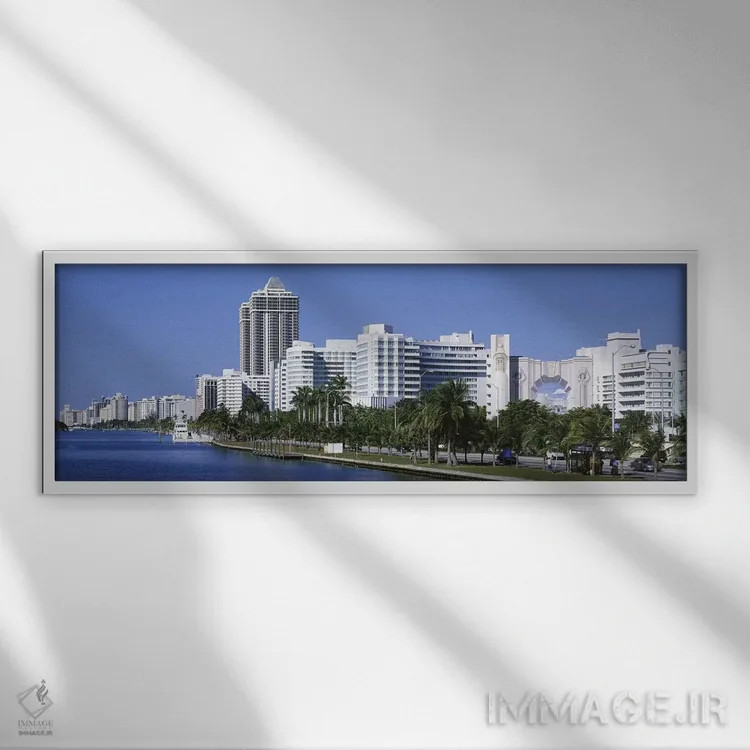 تابلو Miami, Miami Beach, Panoramic view of waterfront, & skyline,ایالات متحده آمریکا، فلوریدا، میامی، ساحل میامی، نمای پانوراما از ساحل و افق شهری اثر پانورامیک ایمجز (استودیو عکاسی عریض) - نمای قابدار سفید